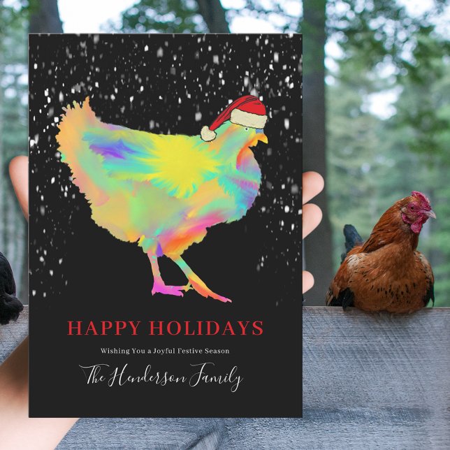 Färgfull julafton vid tomten julkort (Colorful Christmas hen wearing a santa hat in the snow personalized happy holidays greetings card)