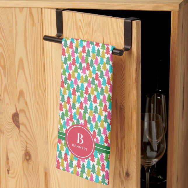 Färgfull Julgranar Monogram Namn | HELGDAG Kökshandduk (Thirds Fold)