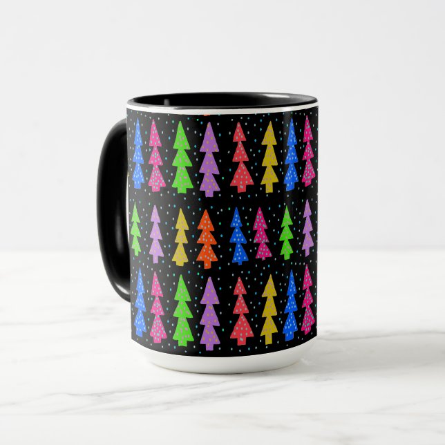 Färgfull Julgranar på svart Mugg (Framsida vänster)