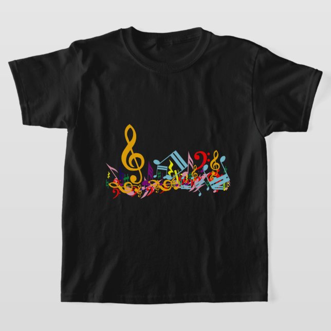 Färgfull Jumcular Musik noter på Black Tee (Laydown)