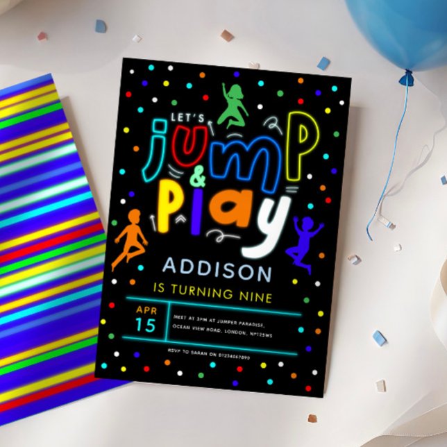 Färgfull jump och Play Neon Trampoline Birthday Inbjudningar (Skapare uppladdad)