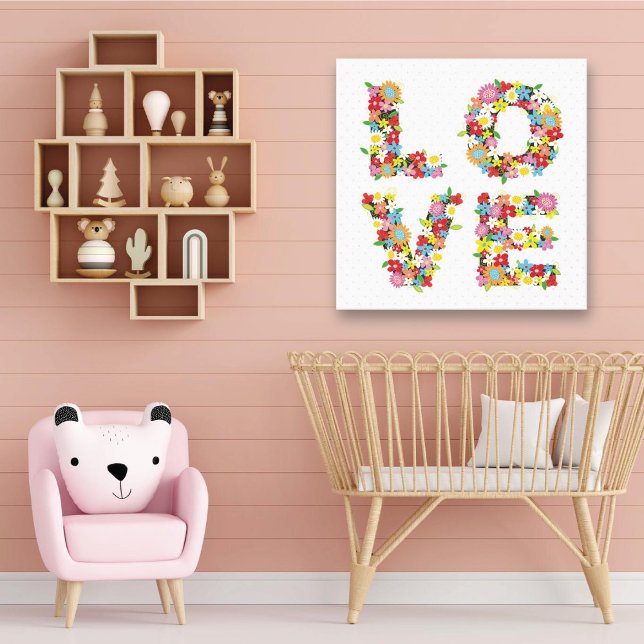 Färgfull KÄRLEK Vår blommor Whimsical Nursery Canvastryck (LOVE Spring Flowers Whimsical Nursery Wall Art)