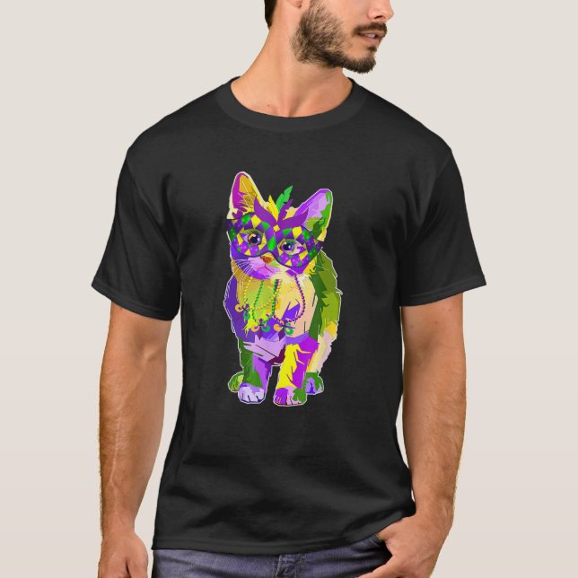 Färgfull katt Kitten Wearing Mask Mardi Gras Älska T Shirt (Framsida)