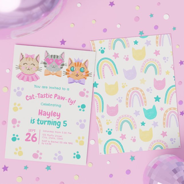 Färgfull katt-Tastisk Tass-ty-Kattunge-födelsedag Inbjudningar (Colorful Cat-Tastic Paw-ty Cute Kitty Cat Birthday Invitation)