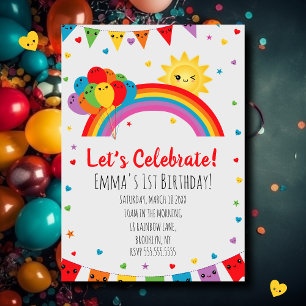Färgfull Kawaii Kids Rainbow Födelsedagsfest Inbjudningar
