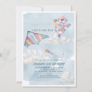 Färgfull Kite & Blå himmel Watercolor Birthday Inbjudningar