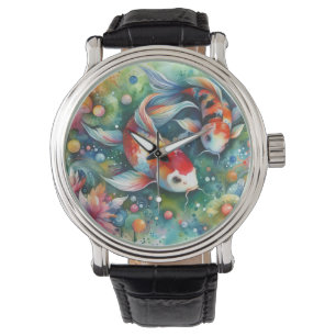 Färgfull koi Fisk Vitaktisk vattenfärgad Orange Te Armbandsur