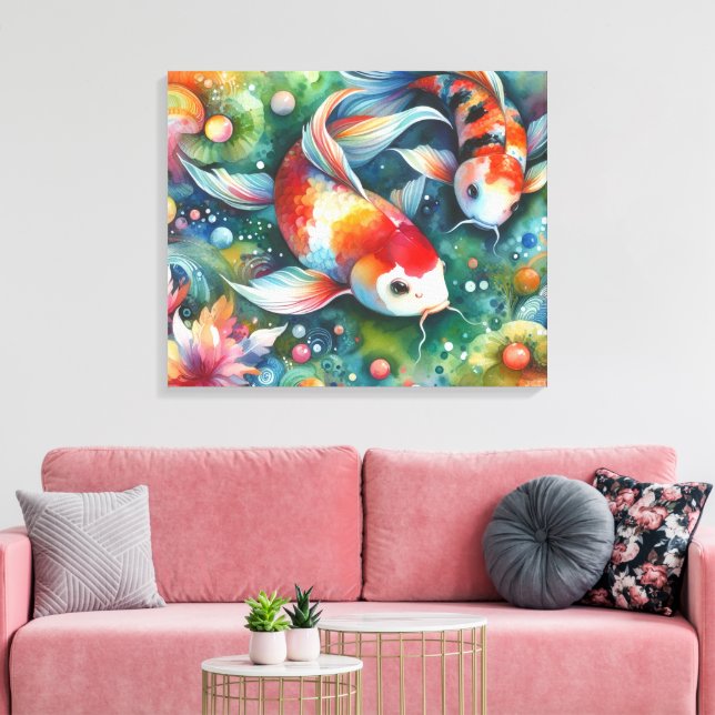 Färgfull koi Fisk Vitaktisk vattenfärgad Orange Te Canvastryck (Insitu (Vardagsrum))