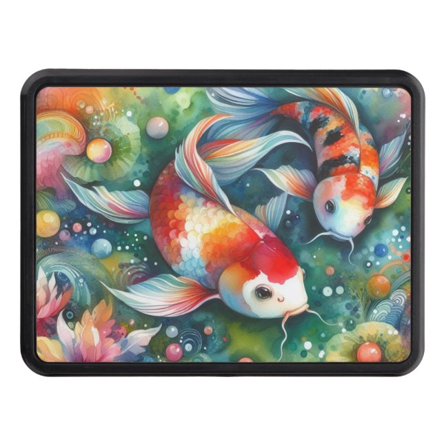 Färgfull koi Fisk Vitaktisk vattenfärgad Orange Te Dragkroksskydd (Framsidan)