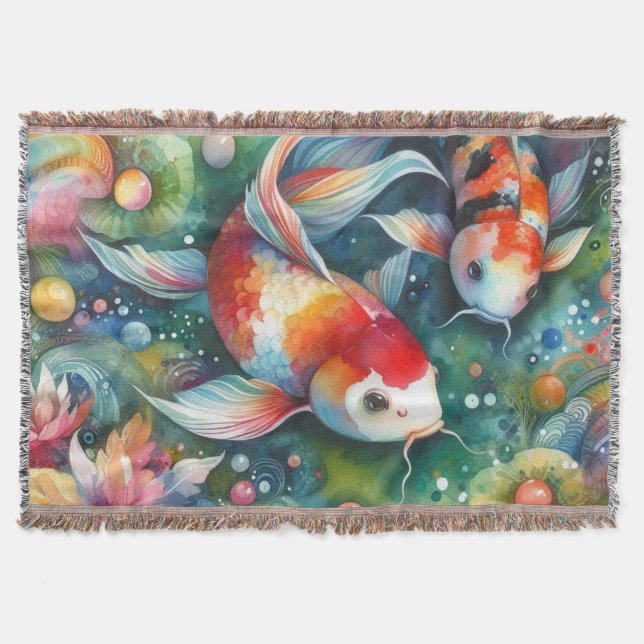 Färgfull koi Fisk Vitaktisk vattenfärgad Orange Te Filt (Framsidan)