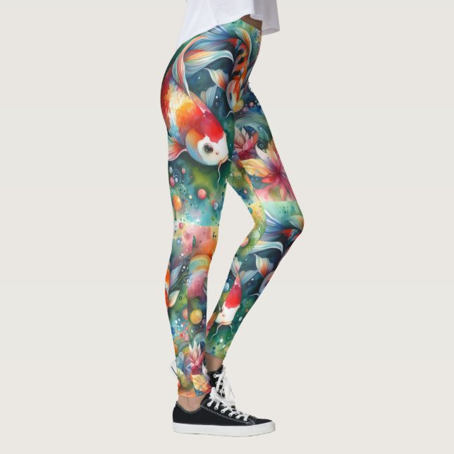 Färgfull koi Fisk Vitaktisk vattenfärgad Orange Te Leggings (Höger)
