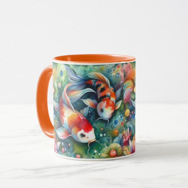 Färgfull koi Fisk Vitaktisk vattenfärgad Orange Te Mugg (Framsida vänster)