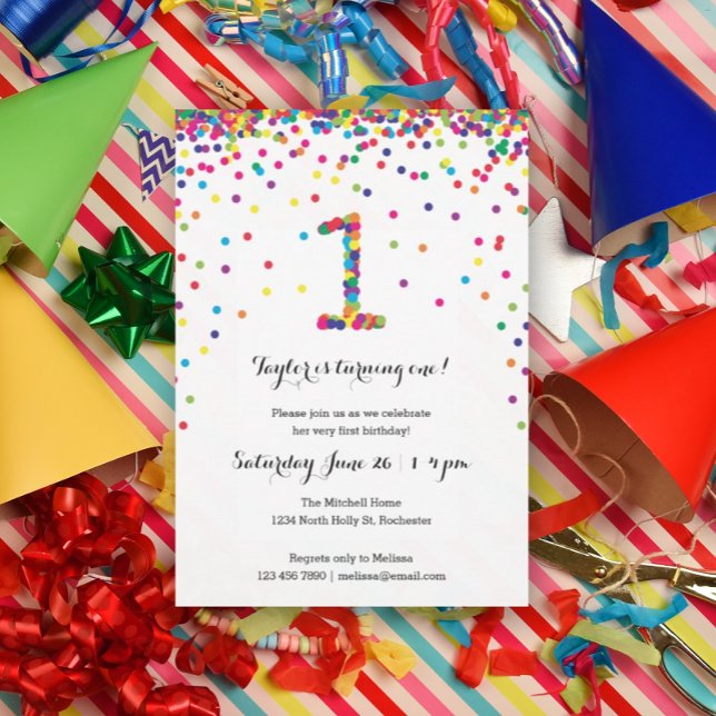 Färgfull konfetti 1:a födelsedagarinbjudan inbjudningar (Rainbow confetti for your kiddo's first birthday party!)