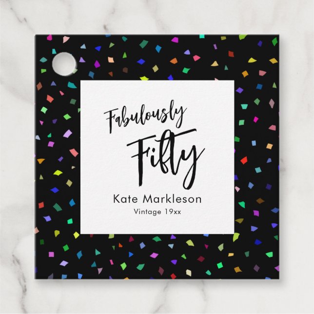 Färgfull konfetti Fabulous 50 Black & White Gåvor Etiketter (Framsida)