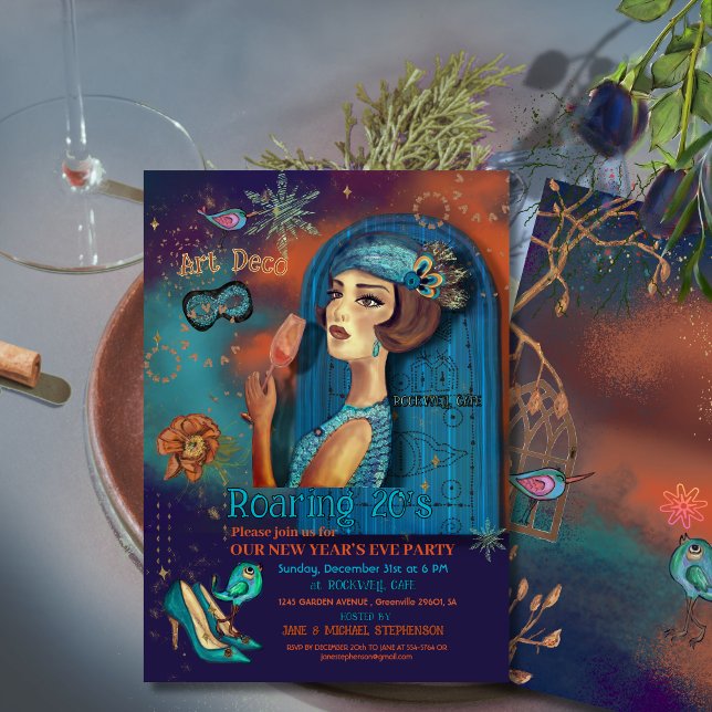 Färgfull konsthändelse - nyårsinbjudan till Kväll- Inbjudningar (Colorful Art Deco New Year’s Eve Party Invitation)