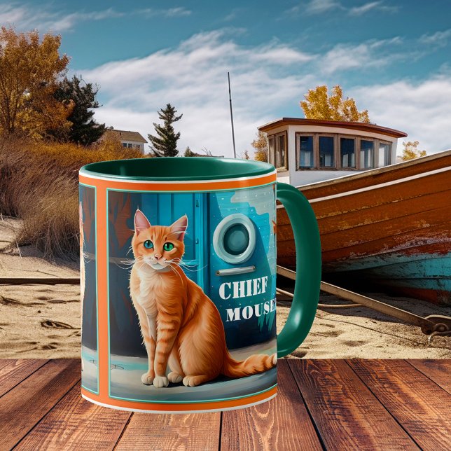 Färgfull konstnärlig katt Nautical Boat Mugg (Nautical mug showing a painting of a ginger cat in a harbor - beach house - cat lover - boat - ship)