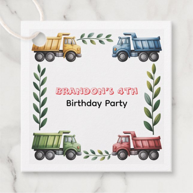 Färgfull Lastbil 4:e. Tack för födelsedagsfest Gåvor Etiketter (Framsida)