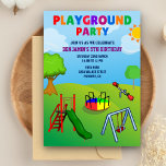 Färgfull lekplats Kids Park Birthday-inbjudan Inbjudningar<br><div class="desc">Inbjudan dina gäster med detta färgstarka födelsedagsfest inbjudan med söta inslag med vibrerande typografi. Lägg bara till din händelseinformation i den här mallen som är enkel att använda för att göra den till en inbjudan av typen en. Vänd över kortet för att visa en elegant blå och vit rand mönster...</div>