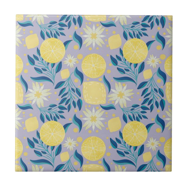 Färgfull Lemon Light Lila Botanical Mönster Kakelplatta (Framsidan)