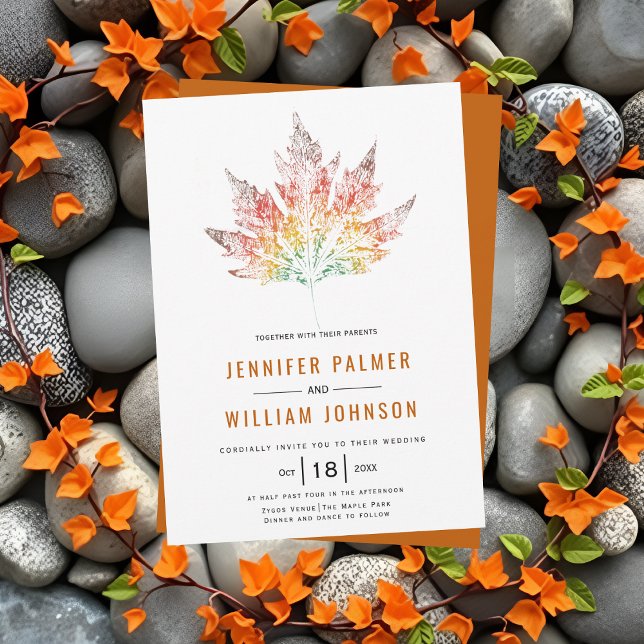 Färgfull löv-utskrift bränd orange faller bröllop inbjudningar (Skapare uppladdad)