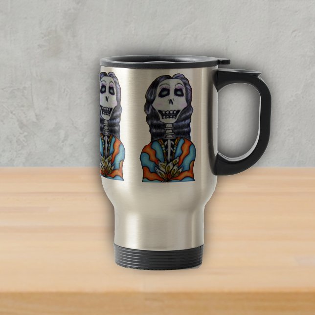 Färgfull Lycklig Day of the dead Skeleton Resemugg (Happy day of the dead skeleton lady in orange blue cape with flowers black hair on travel mug.)