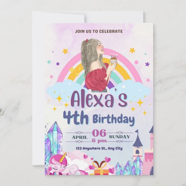 Färgfull magisk regnbåge Flick kalas Inbjudningar (Framsida)