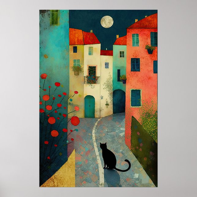 Färgfull måndagskväll: Charming Cat and Houses Poster (Framsidan)
