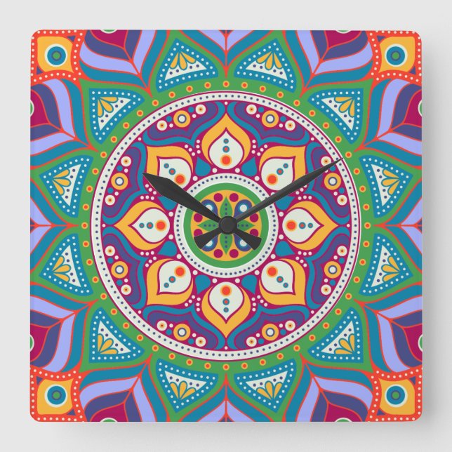 Färgfull Mandala Clock Fyrkantig Klocka (Framsida)