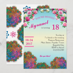 Färgfull Mandala-födelsedagsinbjudan med blommor Inbjudningar