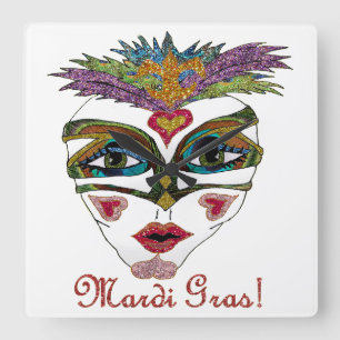 Färgfull Mardi Gras Glitter Feather Mask Fyrkantig Klocka
