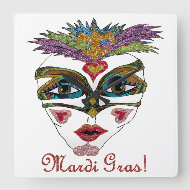 Färgfull Mardi Gras Glitter Feather Mask Fyrkantig Klocka (Framsida)