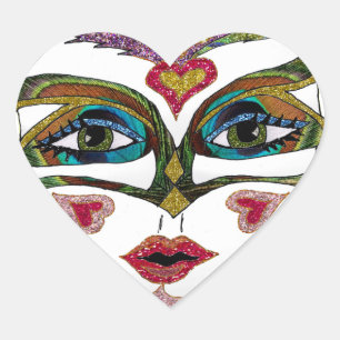 Färgfull Mardi Gras Glitter Feather Mask Hjärtformat Klistermärke