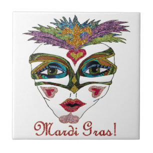 Färgfull Mardi Gras Glitter Feather Mask Kakelplatta