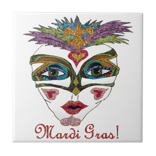 Färgfull Mardi Gras Glitter Feather Mask Kakelplatta (Framsidan)