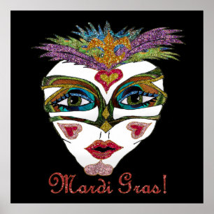 Färgfull Mardi Gras Glitter Feather Mask Poster
