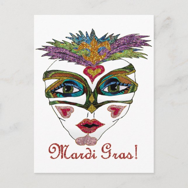 Färgfull Mardi Gras Glitter Feather Mask Vykort (Framsida)