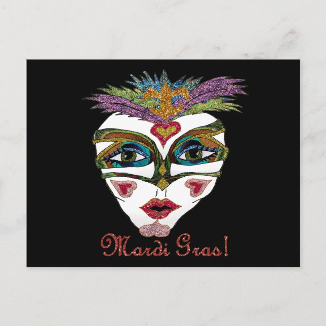 Färgfull Mardi Gras Glitter Feather Mask Vykort (Framsida)