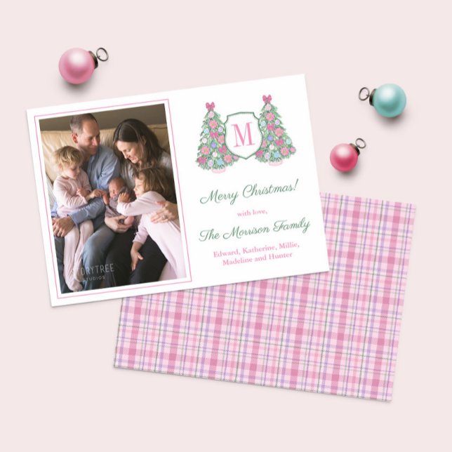 Färgfull Maximalist Monogram God jul Julkort (Maximalist monogram Holidays tree Christmas Cards in pink, teal and purple with tartan plaid reverse)