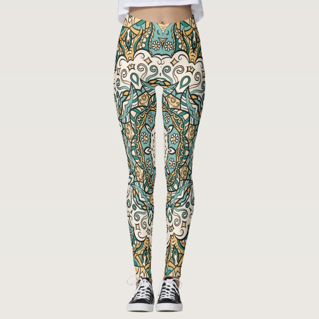 Färgfull Mehndi Tile Seamless Tracery Leggings (Framsida)