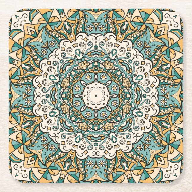 Färgfull Mehndi Tile Seamless Tracery Underlägg Papper Kvadrat (Framsidan)