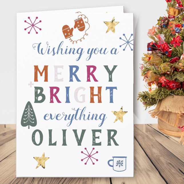 Färgfull merry och Bright Allt Scandi Helgkort (Merry & Bright Everything scandi christmas card with individual name)