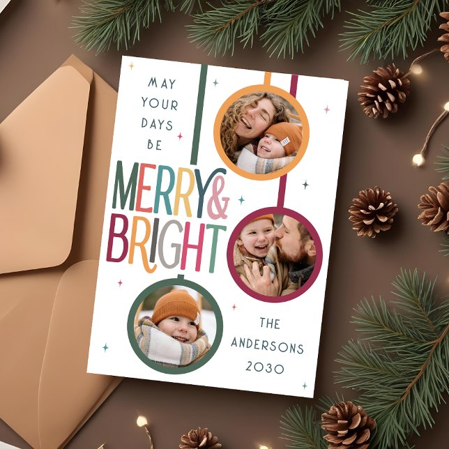 Färgfull merry och Bright Photo Cute Retro Stars Julkort (Skapare uppladdad)