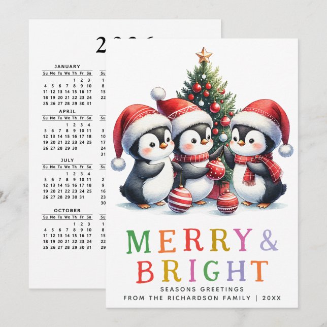 Färgfull Merry och Bright Roligt Penguins jul Julkort (Fram/baksida)