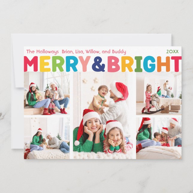 Färgfull merry och ljus fem foto julkort (Framsida)