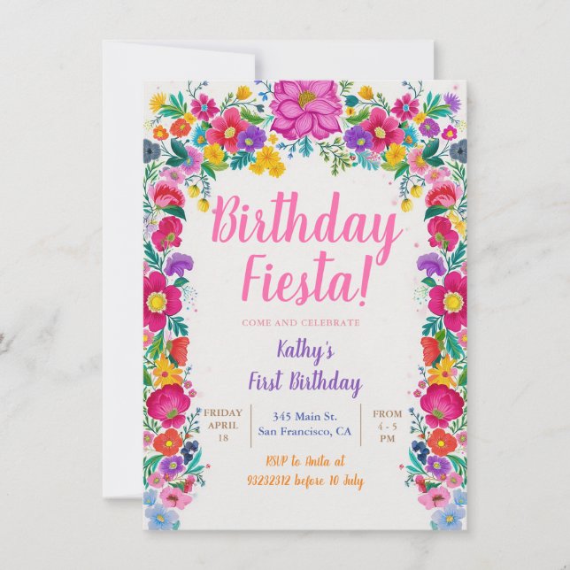 Färgfull mexikansk blomma Fiesta 1:a födelsedagen  Inbjudningar (Framsida)