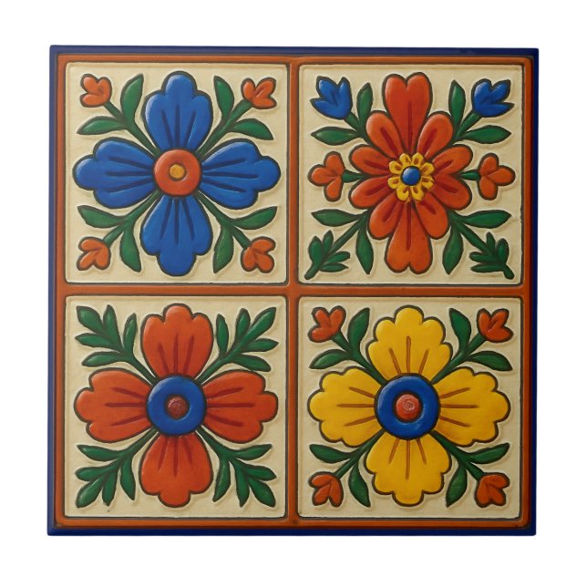 Färgfull mexikansk folktraditionell Blommigt Art Kakelplatta (Framsidan)