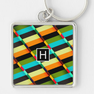 Färgfull modern Abstrakt Rand och Monogram Fyrkantig Silverfärgad Nyckelring