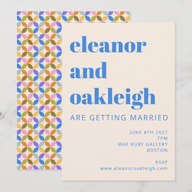 Färgfull modern geometrisk blå typografi Bröllop Inbjudningar (Fram/baksida)