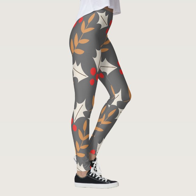 Färgfull Modern Grått Holly Mistletoe Leggings (Höger)