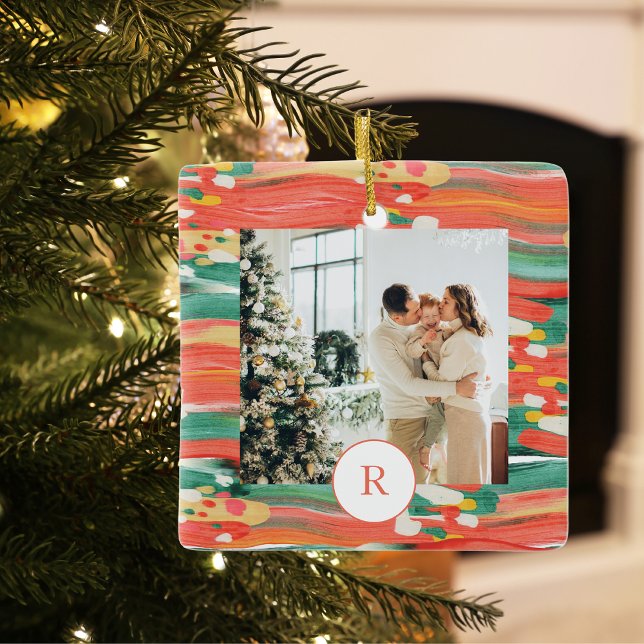 Färgfull modern pensel | Familjefoto | Inledande Julgransprydnad Keramik (Skapare uppladdad)